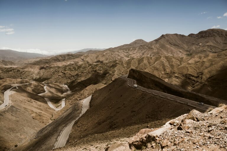 Aerial view of folded brown mountains in Morocco