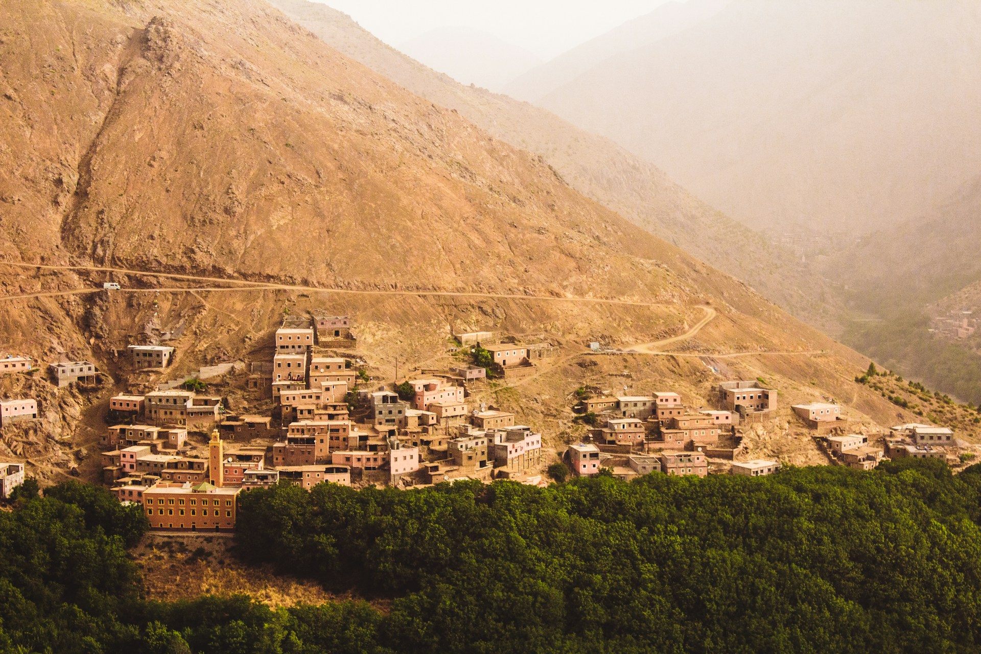 Earth-coloured village houses surrounded by green trees in the Atlas