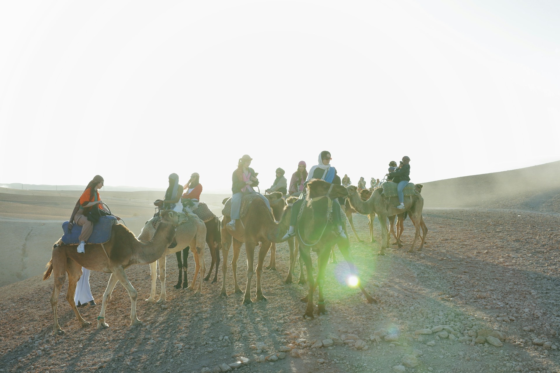 People riding camels through a sunny, rocky desert