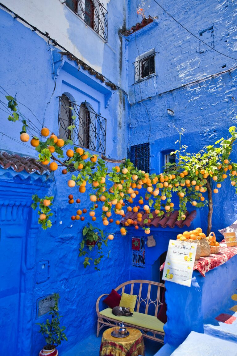 Narrow blue-painted alleyway in the Chefchaouen medina
