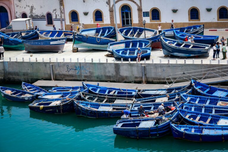 Blue wooden fishing boats in the port of Essaouira