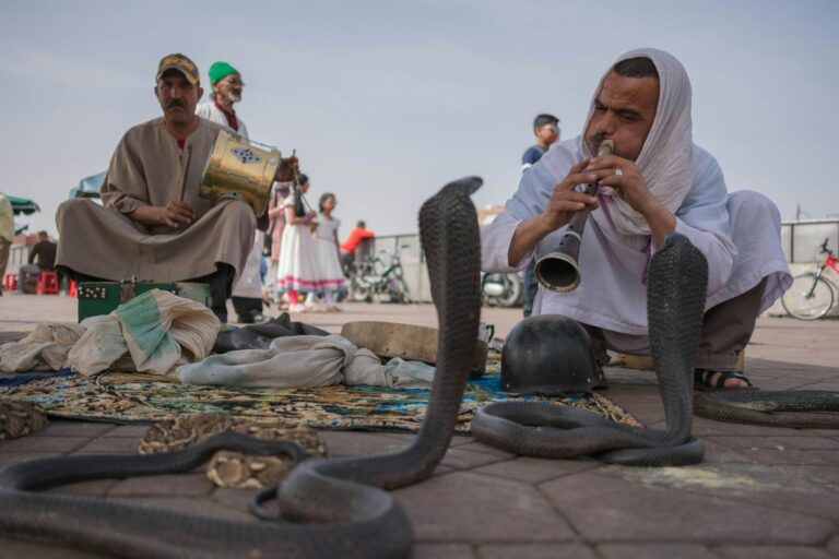 Street musician playing the flute on Jemaa el-Fna square in Marrakech