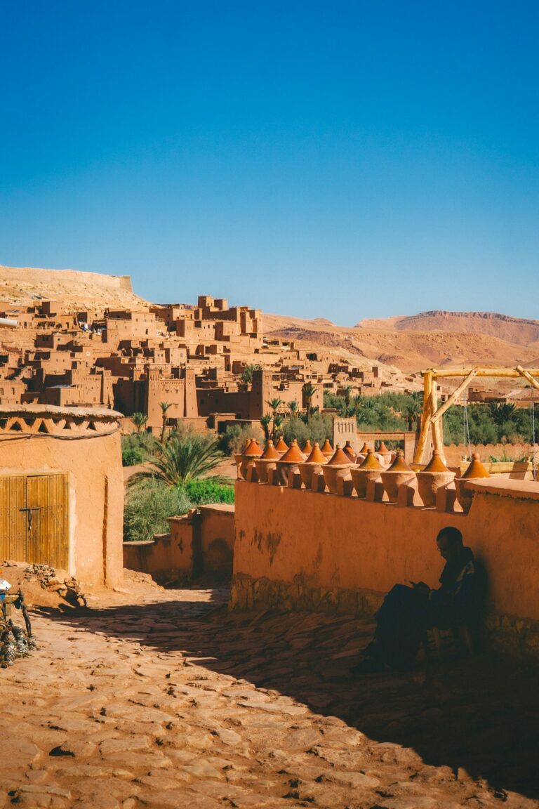 Traditional mud-brick village in a desert landscape in Morocco