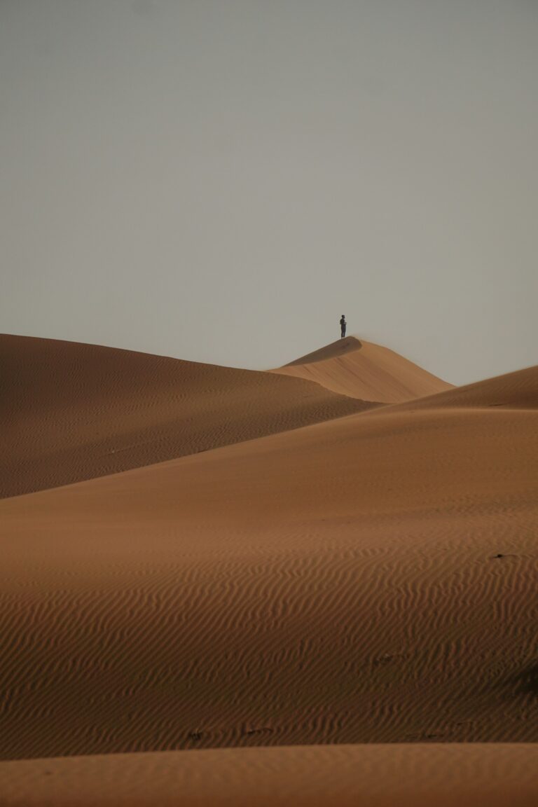 Lone traveler standing on top of a high sand dune